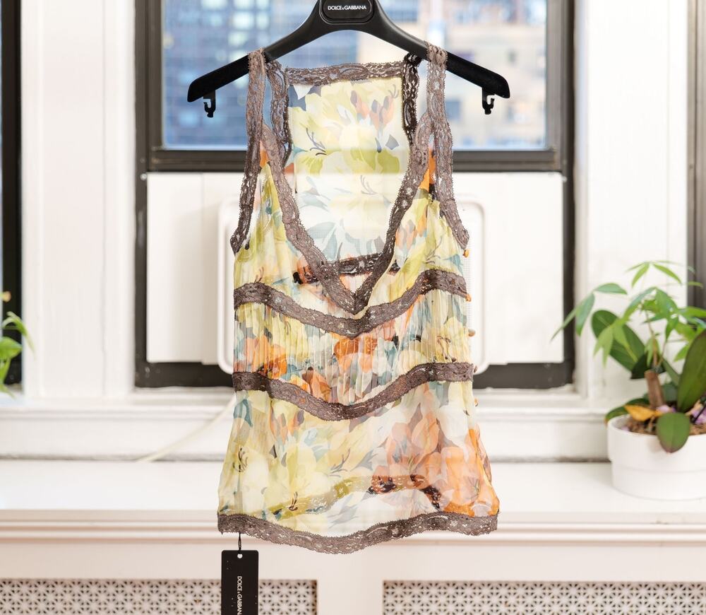 Dolce & Gabbana Yellow Floral Silk Chiffon Lace Camisole Top (IT 40) NWT